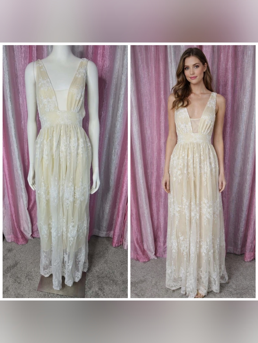 Vintage Inspired Romantic Floral Lace Lined Maxi Dress Size Small